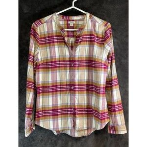 Vintage LL Bean Collarless Casual Button-Down Long Sleeve Shirt Plaid Size S Reg